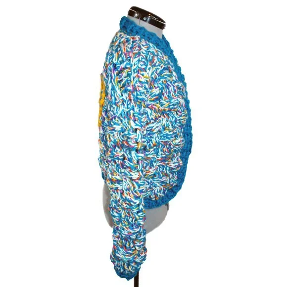 NWT Handmade Crochet Blue Feral Medium Bomber Jacket Sweater Cardigan Chunky